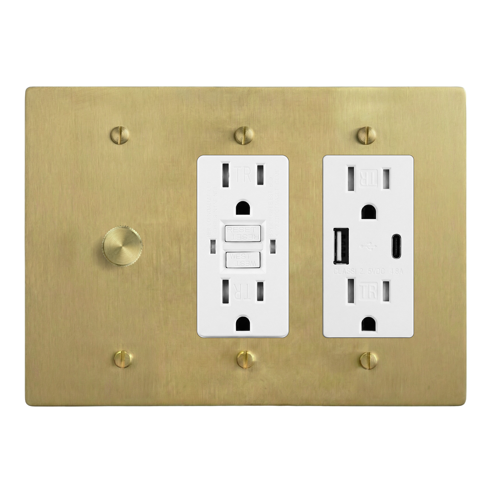 Satin Brass 3-Gang Dimmer, GFCI Outlet & USB Outlet Switch Plate in White