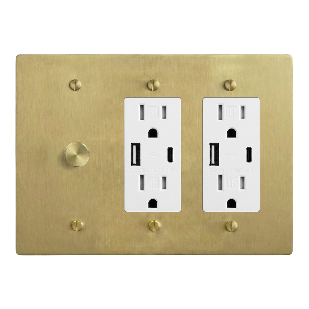 Satin Brass 3-Gang Dimmer, USB Outlet & USB Outlet Switch Plate in White