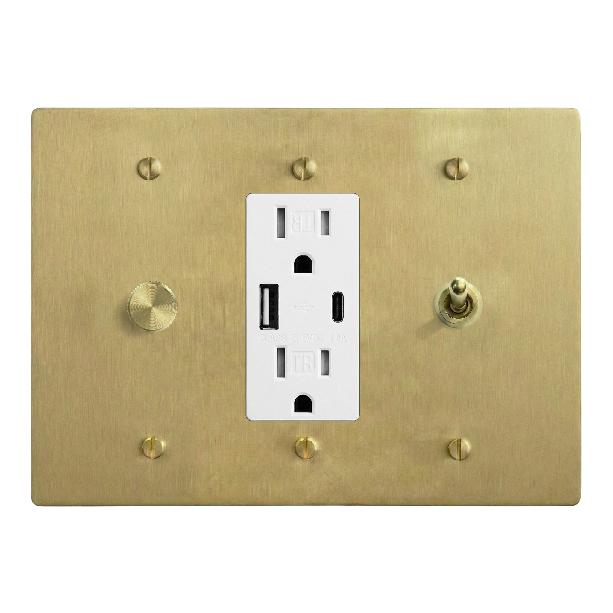 Satin Brass 3-Gang Dimmer, USB Outlet & Vintage Toggle Switch Plate in White