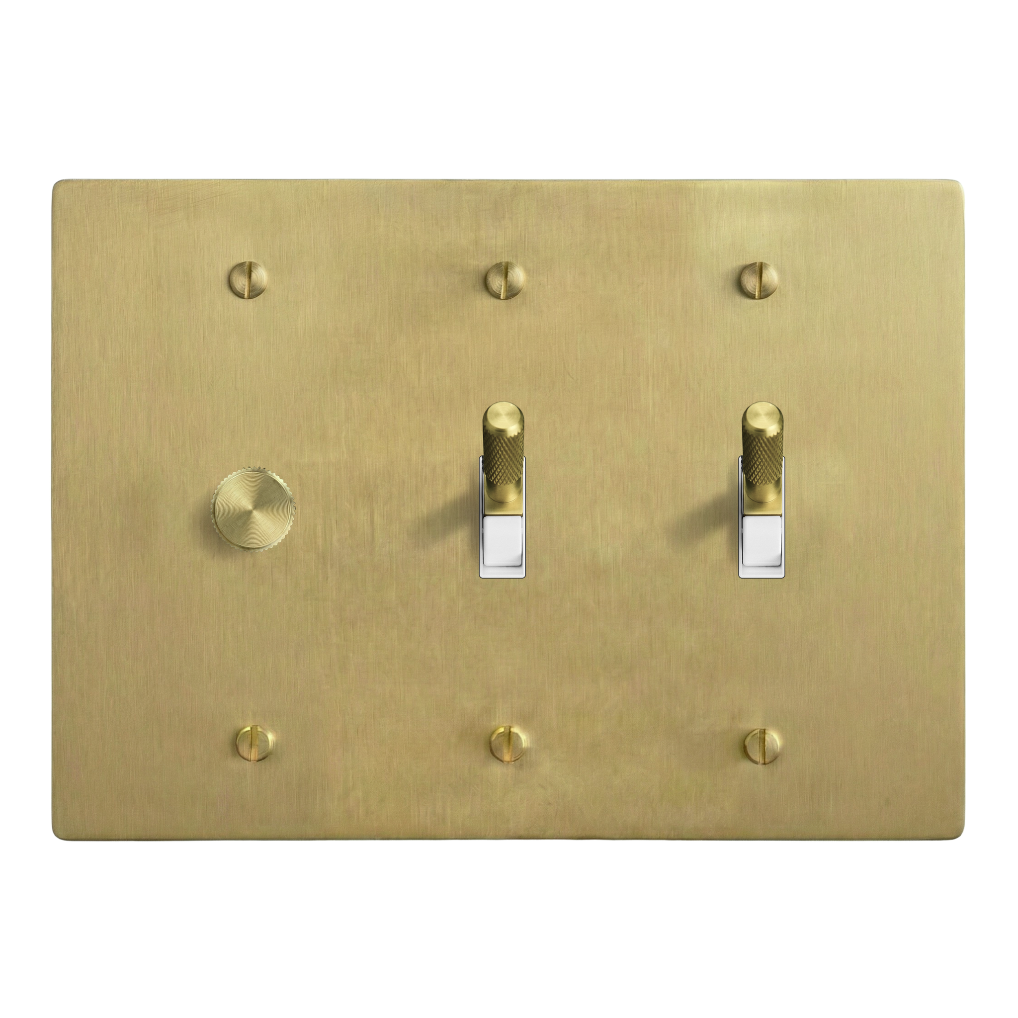 Satin Brass 3-Gang Dimmer, Toggle & Toggle Switch Plate in White