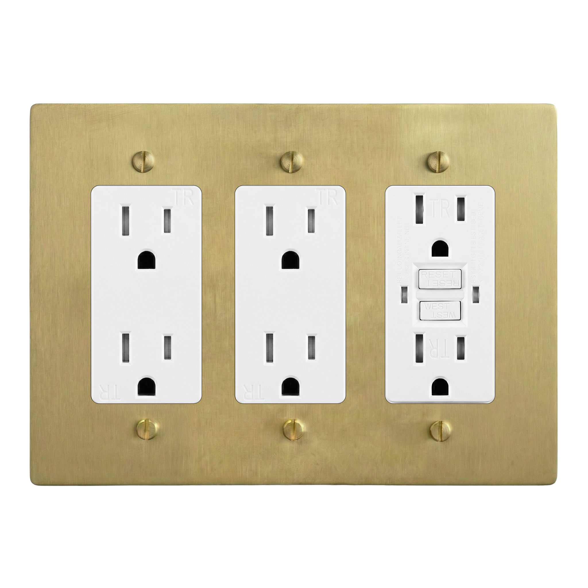 Satin Brass 3-Gang Duplex Outlet, Duplex Outlet & GFCI Outlet Switch Plate in White