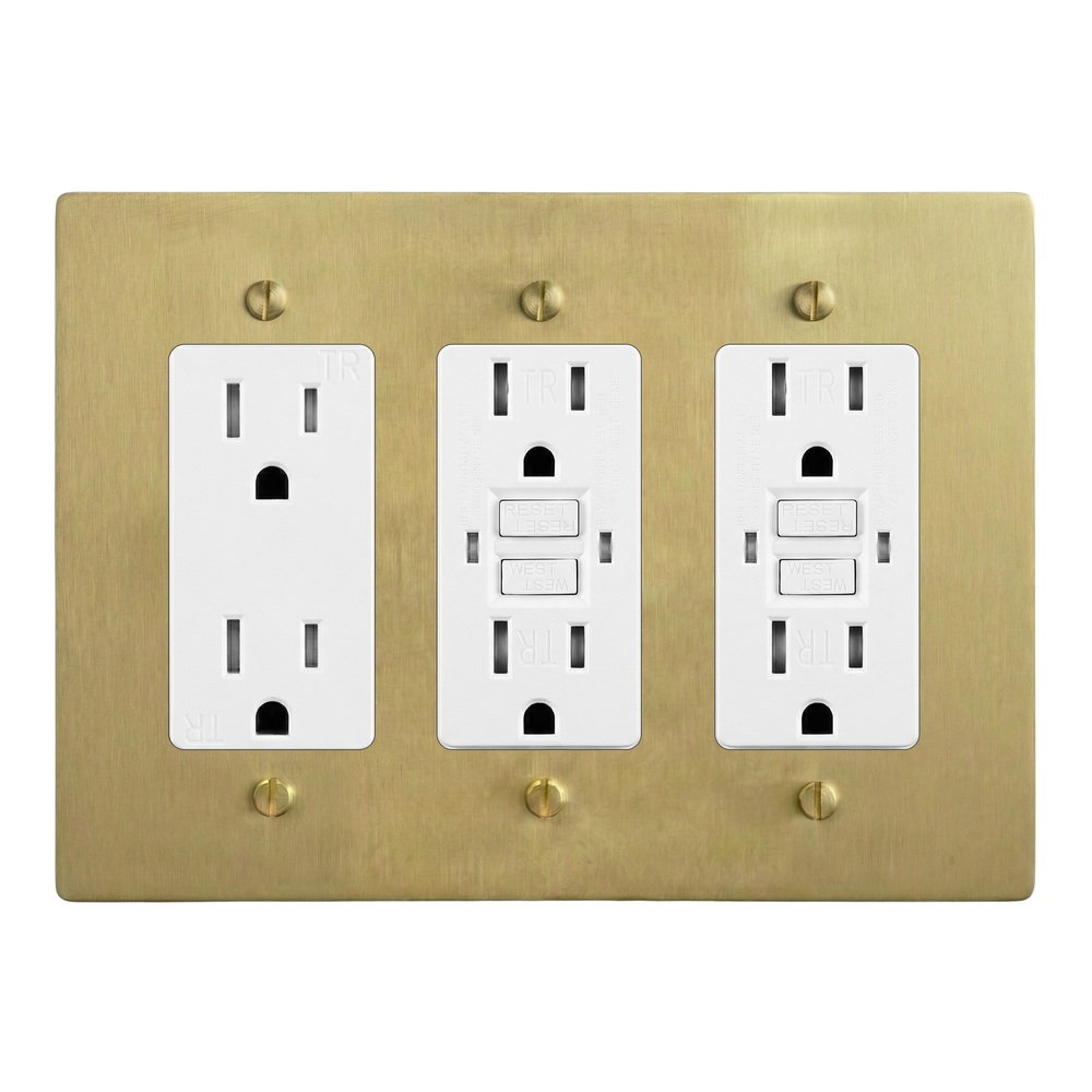 Satin Brass 3-Gang Duplex Outlet, GFCI Outlet & GFCI Outlet Switch Plate in White