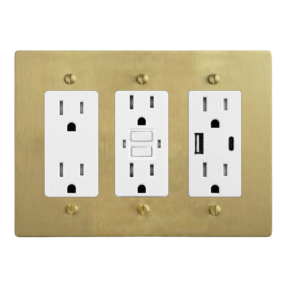 Satin Brass 3-Gang Duplex Outlet, GFCI Outlet & USB Outlet Switch Plate in White