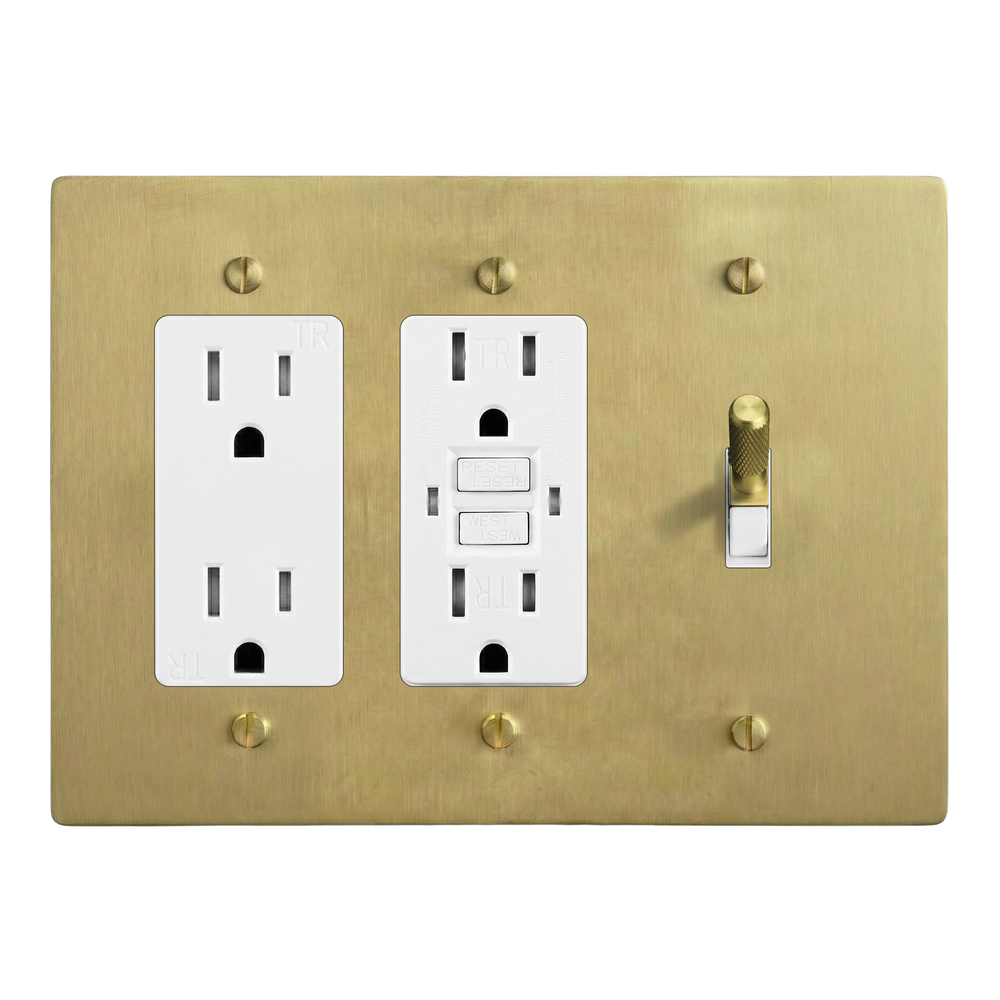 Satin Brass 3-Gang Duplex Outlet, GFCI Outlet & Toggle Switch Plate in White