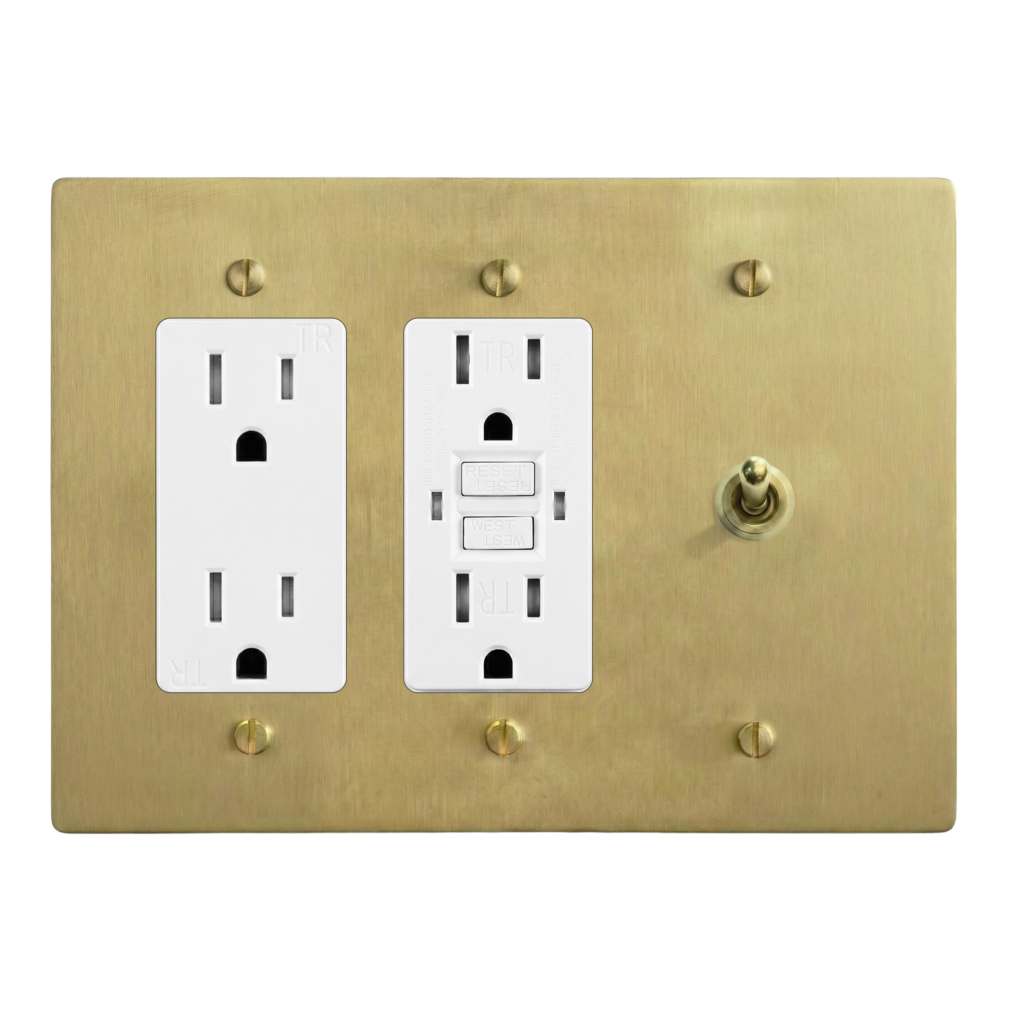Satin Brass 3-Gang Duplex Outlet, GFCI Outlet & Vintage Toggle Switch Plate in White