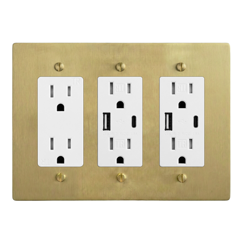 Satin Brass 3-Gang Duplex Outlet, USB Outlet & USB Outlet Switch Plate in White