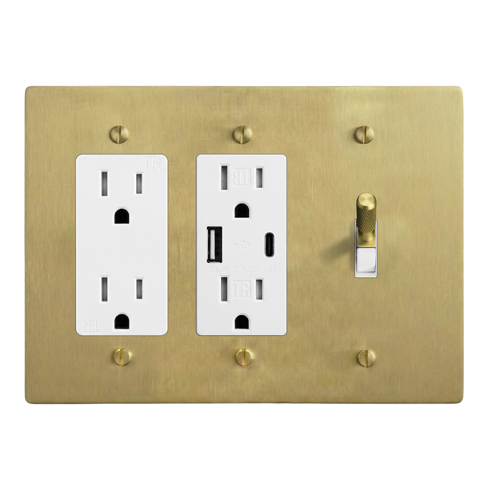 Satin Brass 3-Gang Duplex Outlet, USB Outlet & Toggle Switch Plate in White