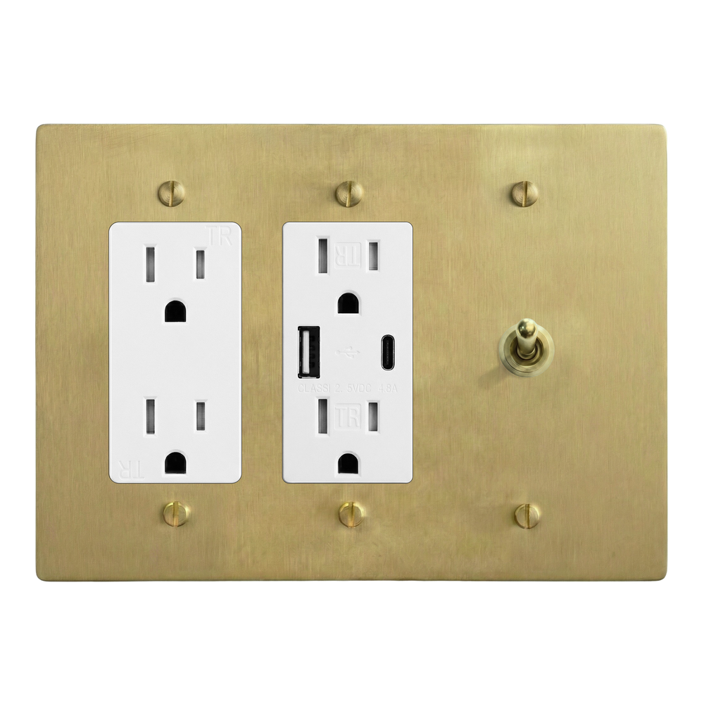Satin Brass 3-Gang Duplex Outlet, USB Outlet & Vintage Toggle Switch Plate in White