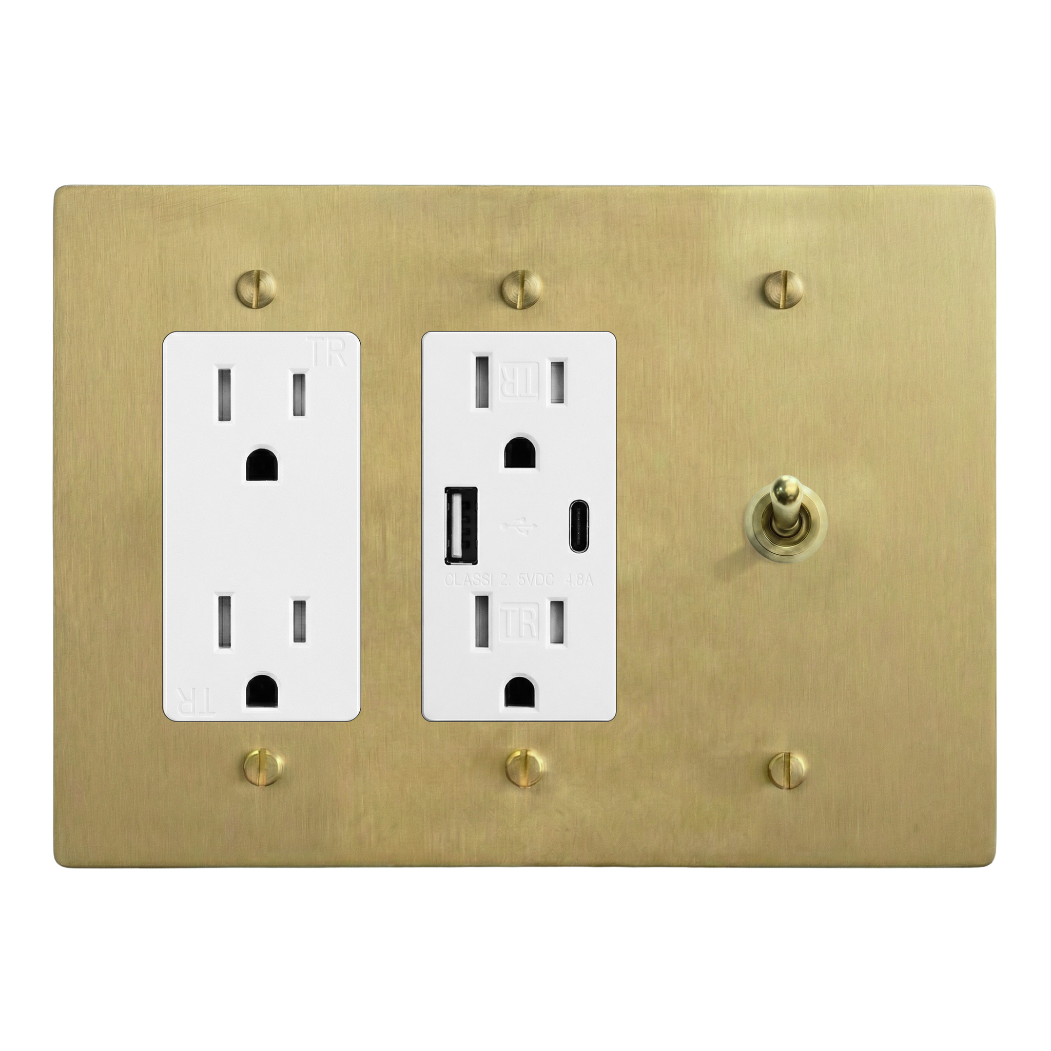 Satin Brass 3-Gang Duplex Outlet, USB Outlet & Vintage Toggle Switch Plate in White