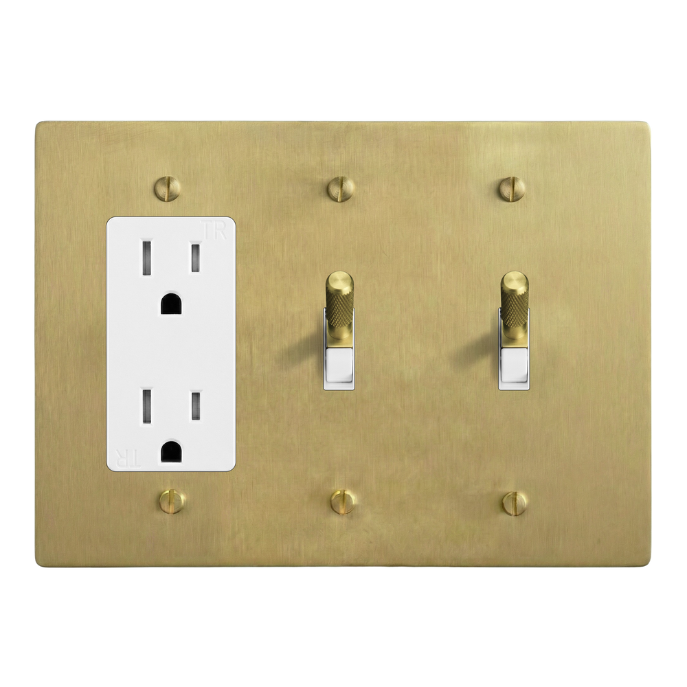 Satin Brass 3-Gang Duplex Outlet, Toggle & Toggle Switch Plate in White