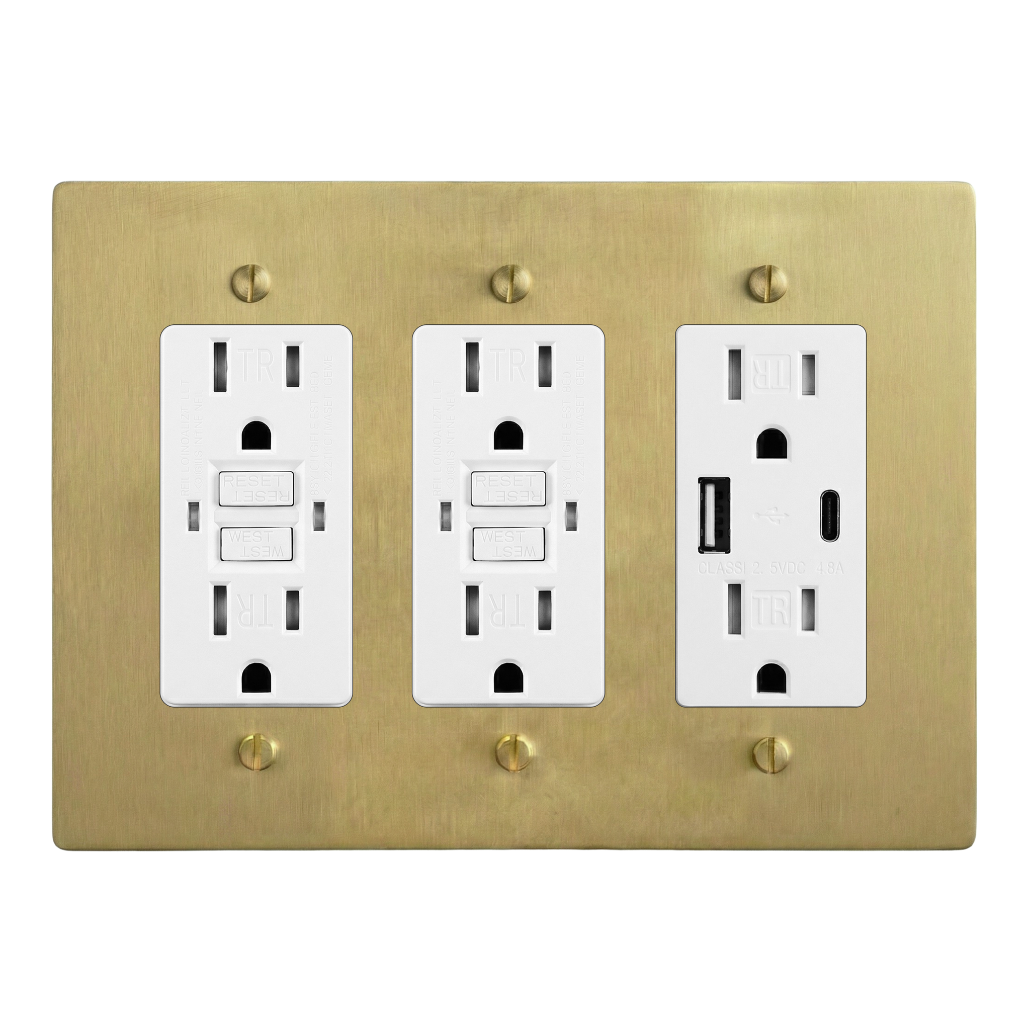 Satin Brass 3-Gang GFCI Outlet, GFCI Outlet & USB Outlet Switch Plate in White