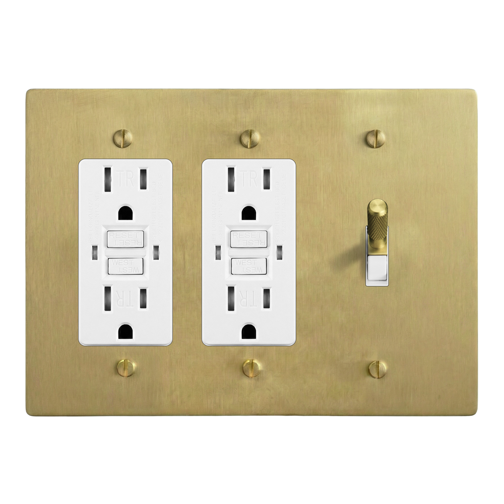 Satin Brass 3-Gang GFCI Outlet, GFCI Outlet & Toggle Switch Plate in White