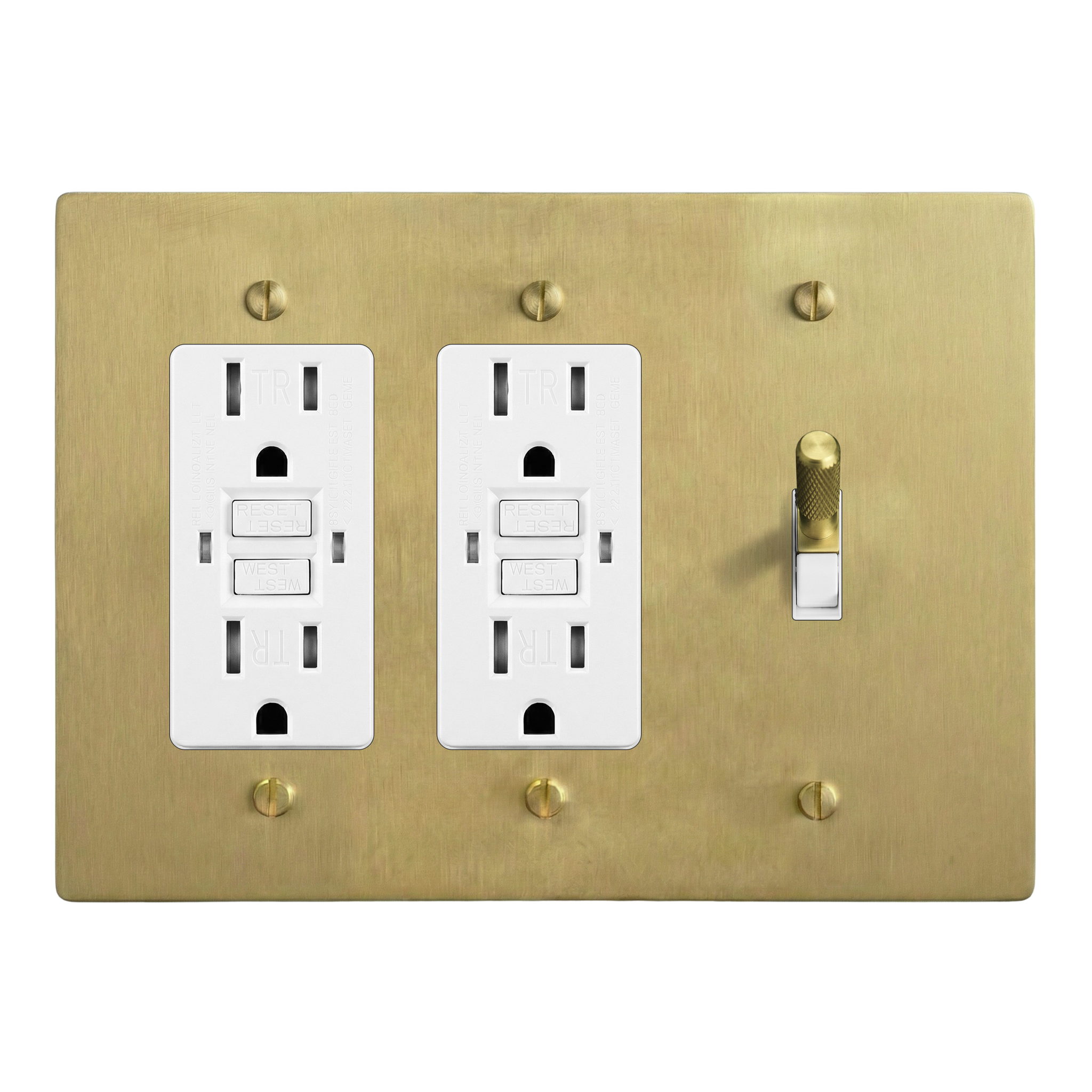 Satin Brass 3-Gang GFCI Outlet, GFCI Outlet & Toggle Switch Plate in White