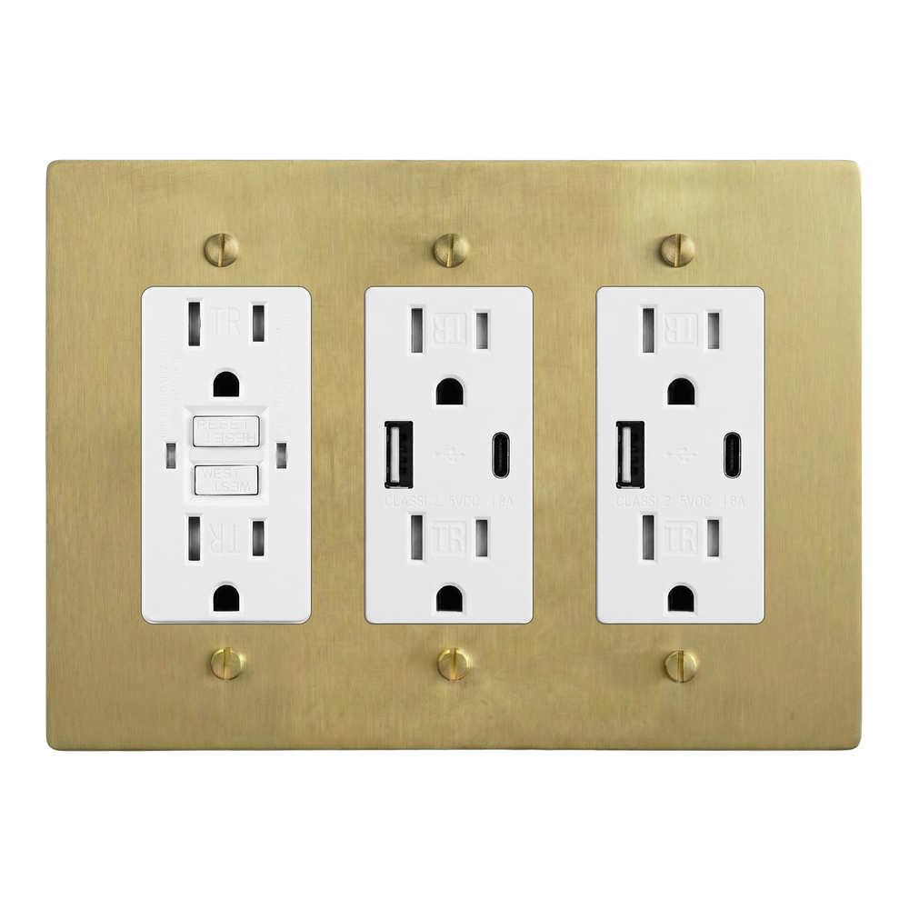 Satin Brass 3-Gang GFCI Outlet, USB Outlet & USB Outlet Switch Plate in White