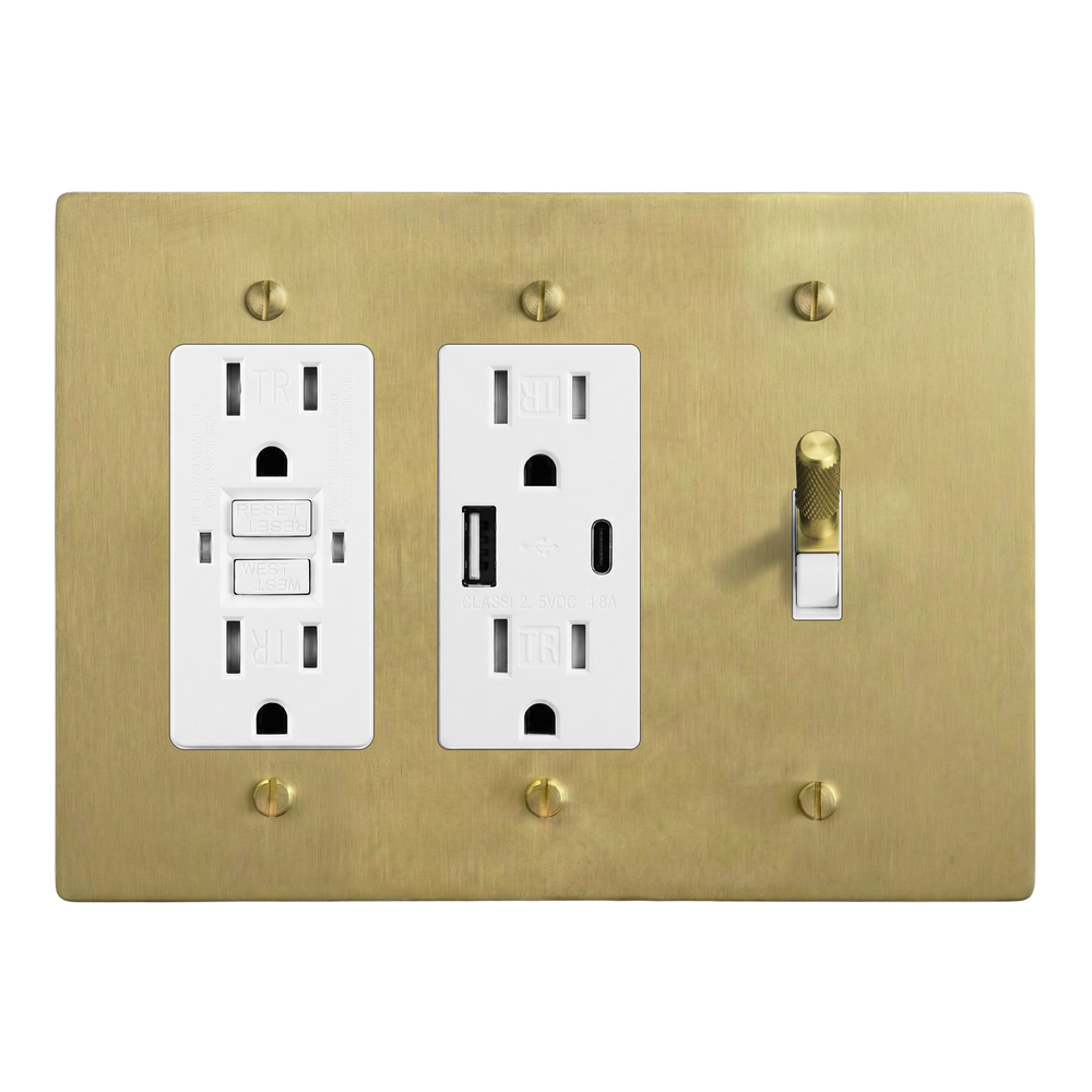 Satin Brass 3-Gang GFCI Outlet, USB Outlet & Toggle Switch Plate in White