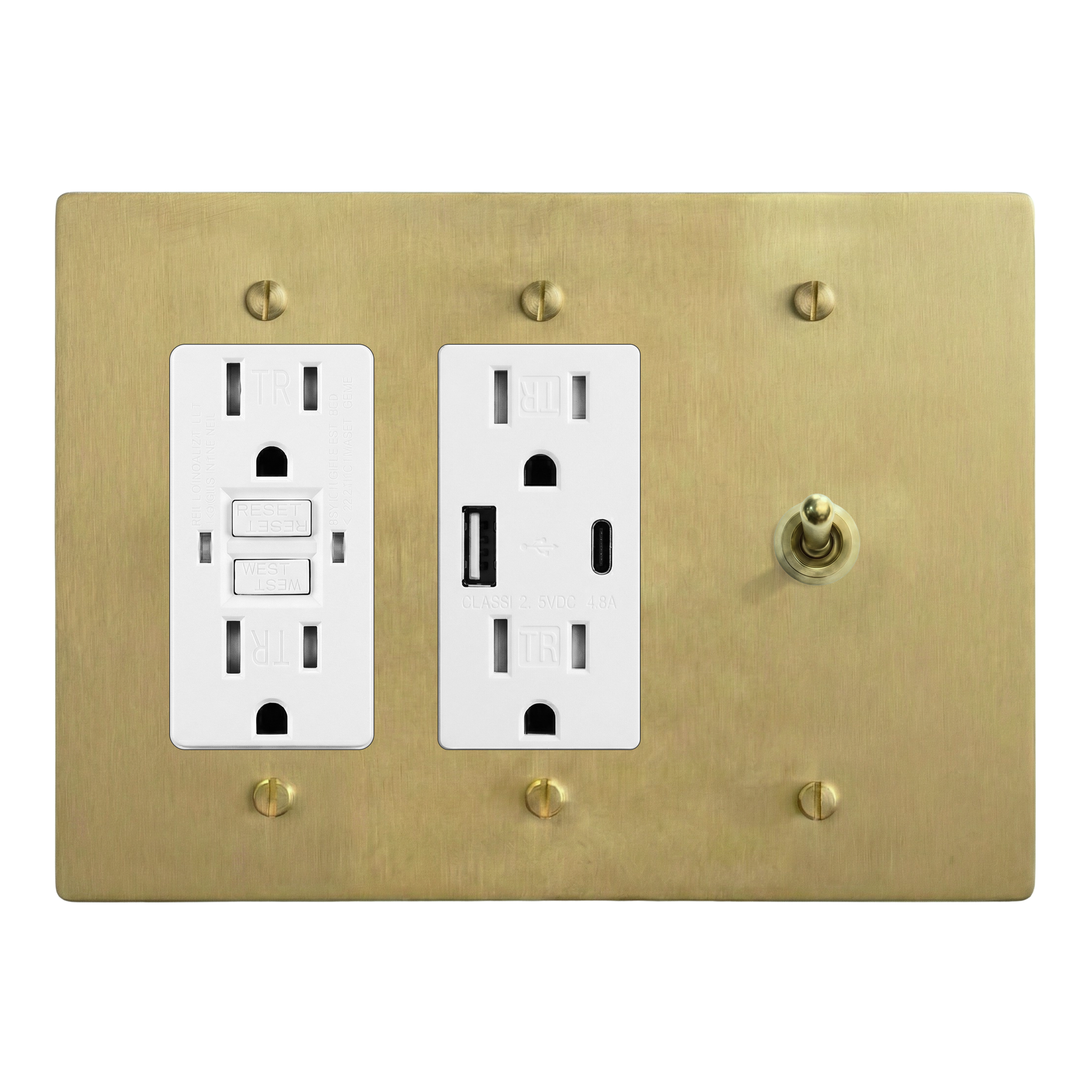 Satin Brass 3-Gang GFCI Outlet, USB Outlet & Vintage Toggle Switch Plate in White