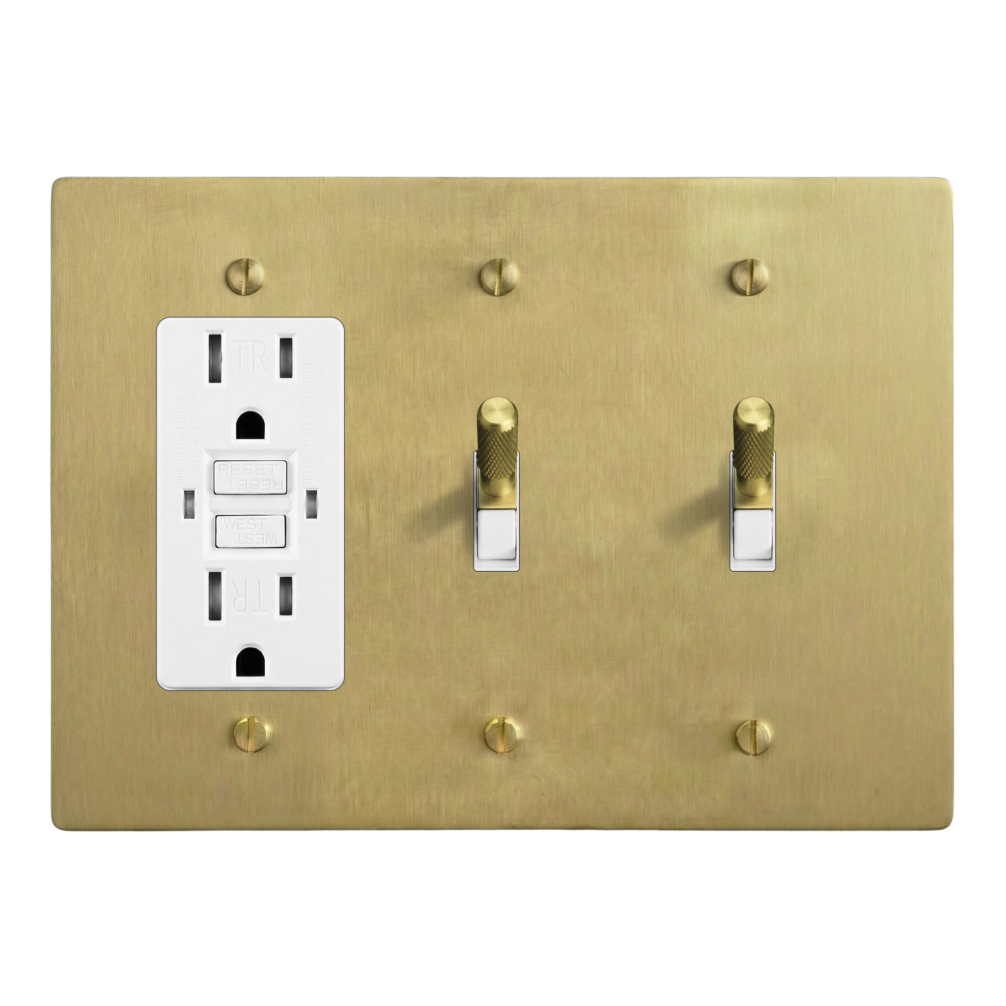 Satin Brass 3-Gang GFCI Outlet, Toggle & Toggle Switch Plate in White