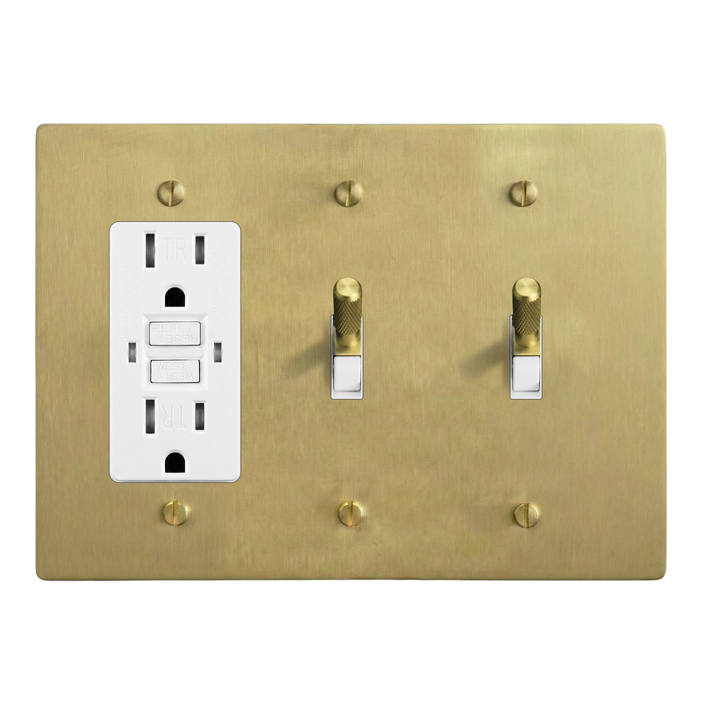 Satin Brass 3-Gang GFCI Outlet, Toggle & Toggle Switch Plate in White