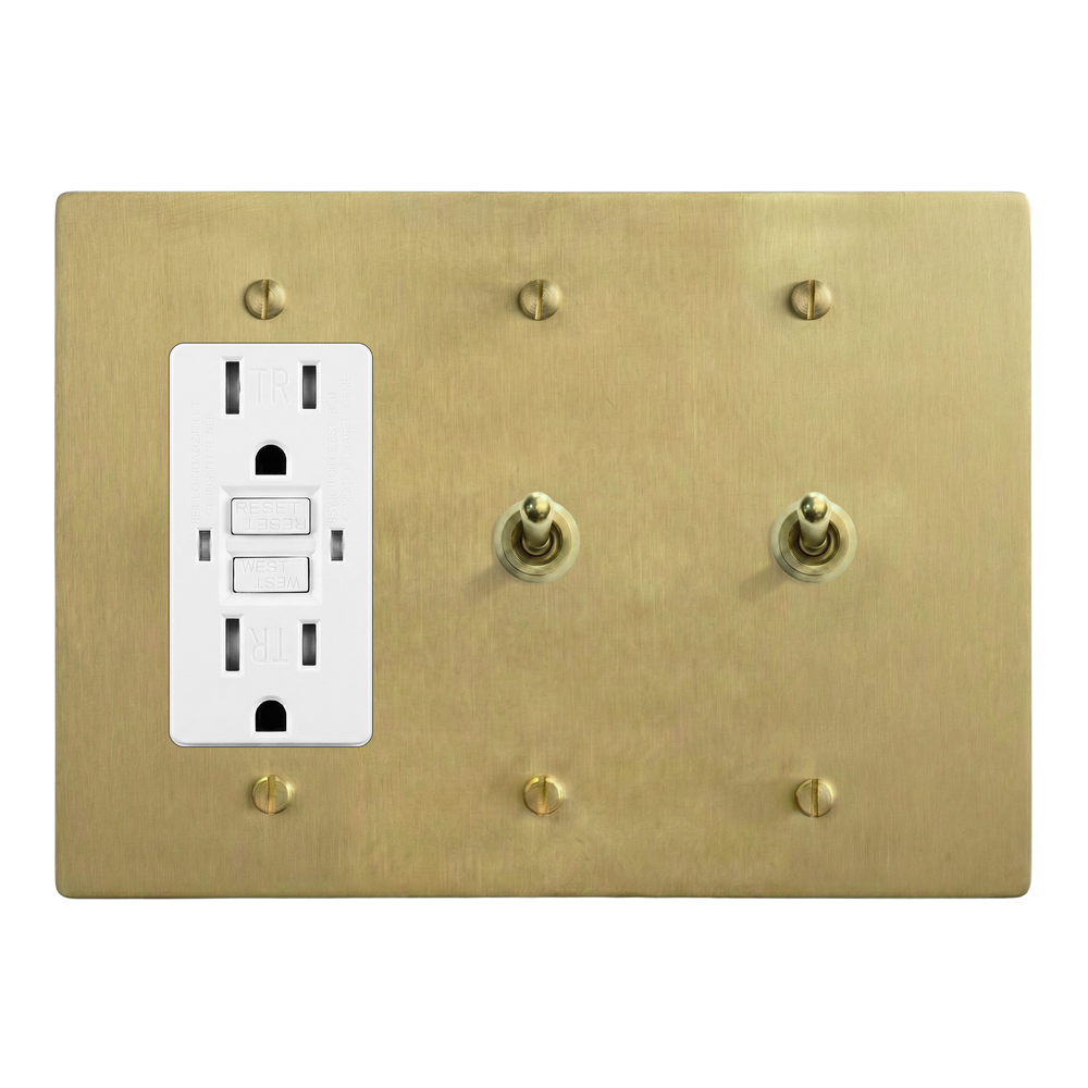 Satin Brass 3-Gang GFCI Outlet, Vintage Toggle & Vintage Toggle Switch Plate in White