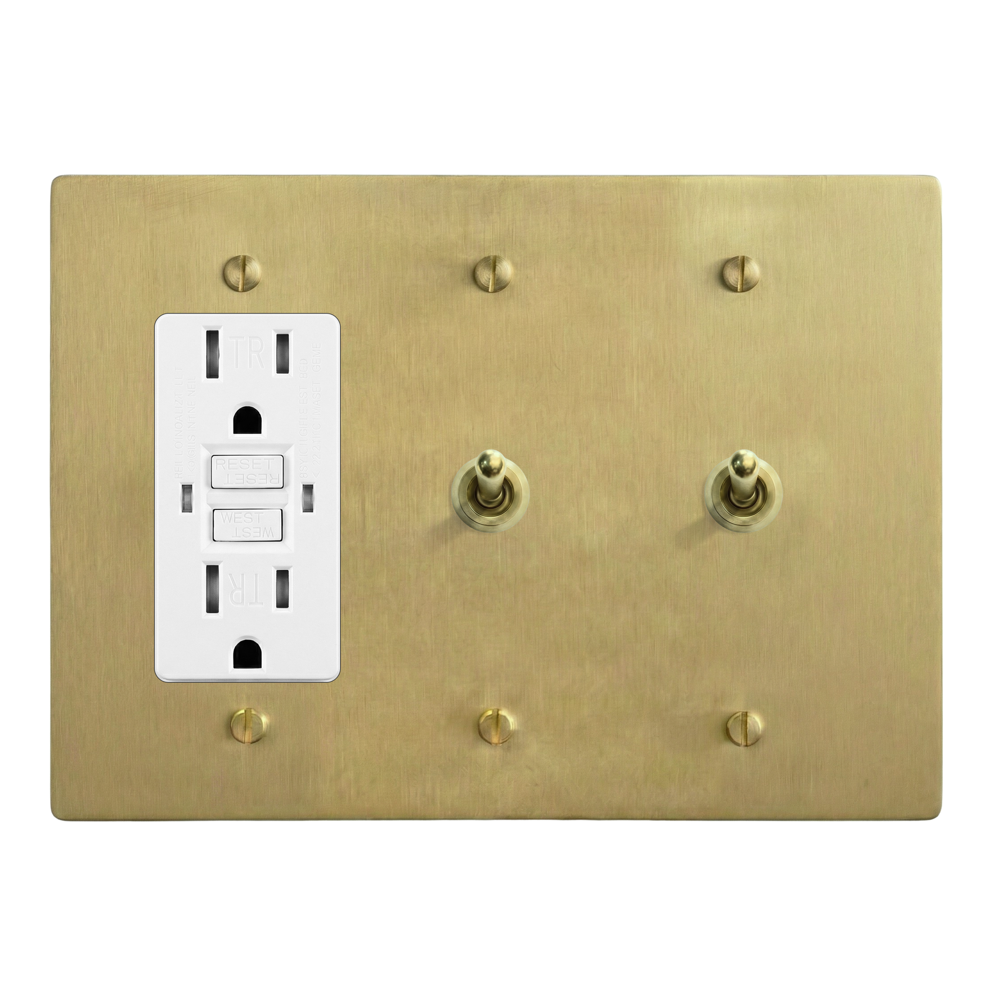Satin Brass 3-Gang GFCI Outlet, Vintage Toggle & Vintage Toggle Switch Plate in White