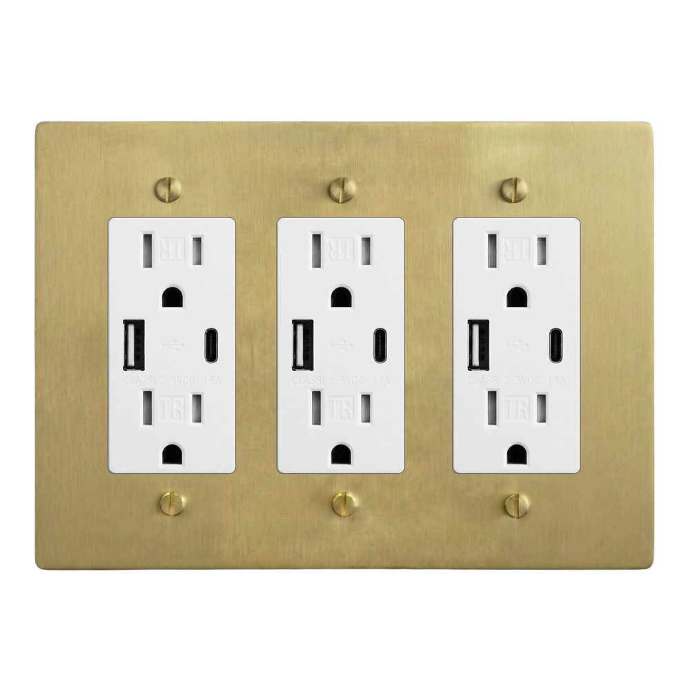 Satin Brass 3-Gang USB Outlet, USB Outlet & USB Outlet Switch Plate in White