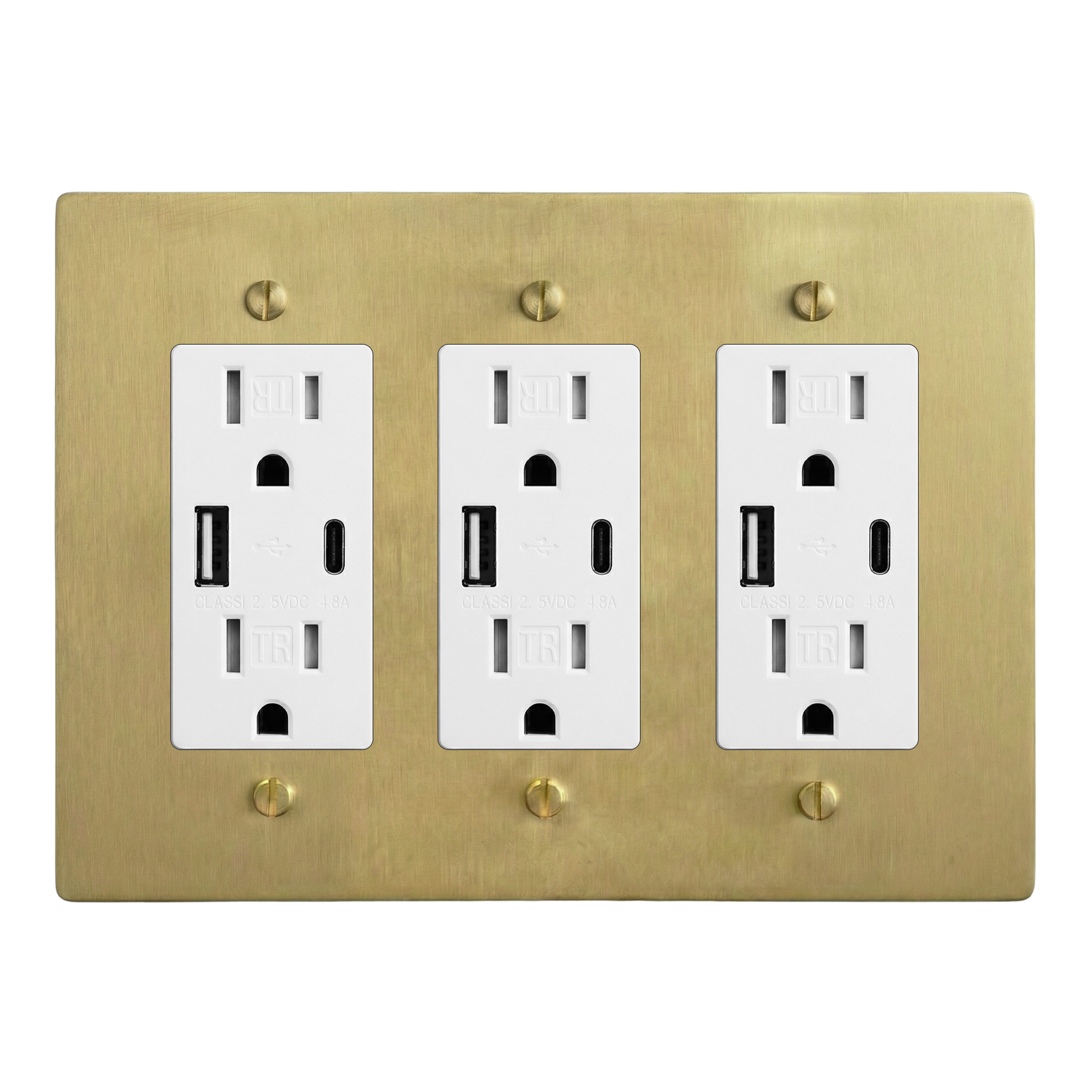 Satin Brass 3-Gang USB Outlet, USB Outlet & USB Outlet Switch Plate in White