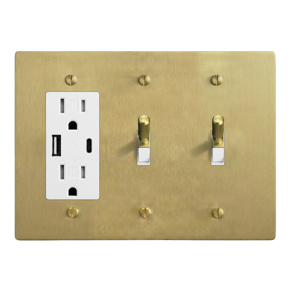 Satin Brass 3-Gang USB Outlet, Toggle & Toggle Switch Plate in White