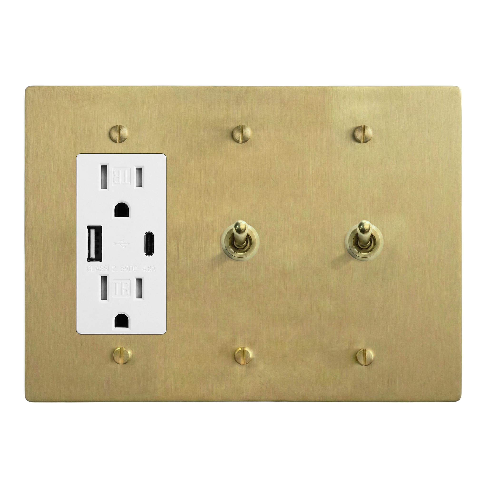 Satin Brass 3-Gang USB Outlet, Vintage Toggle & Vintage Toggle Switch Plate in White