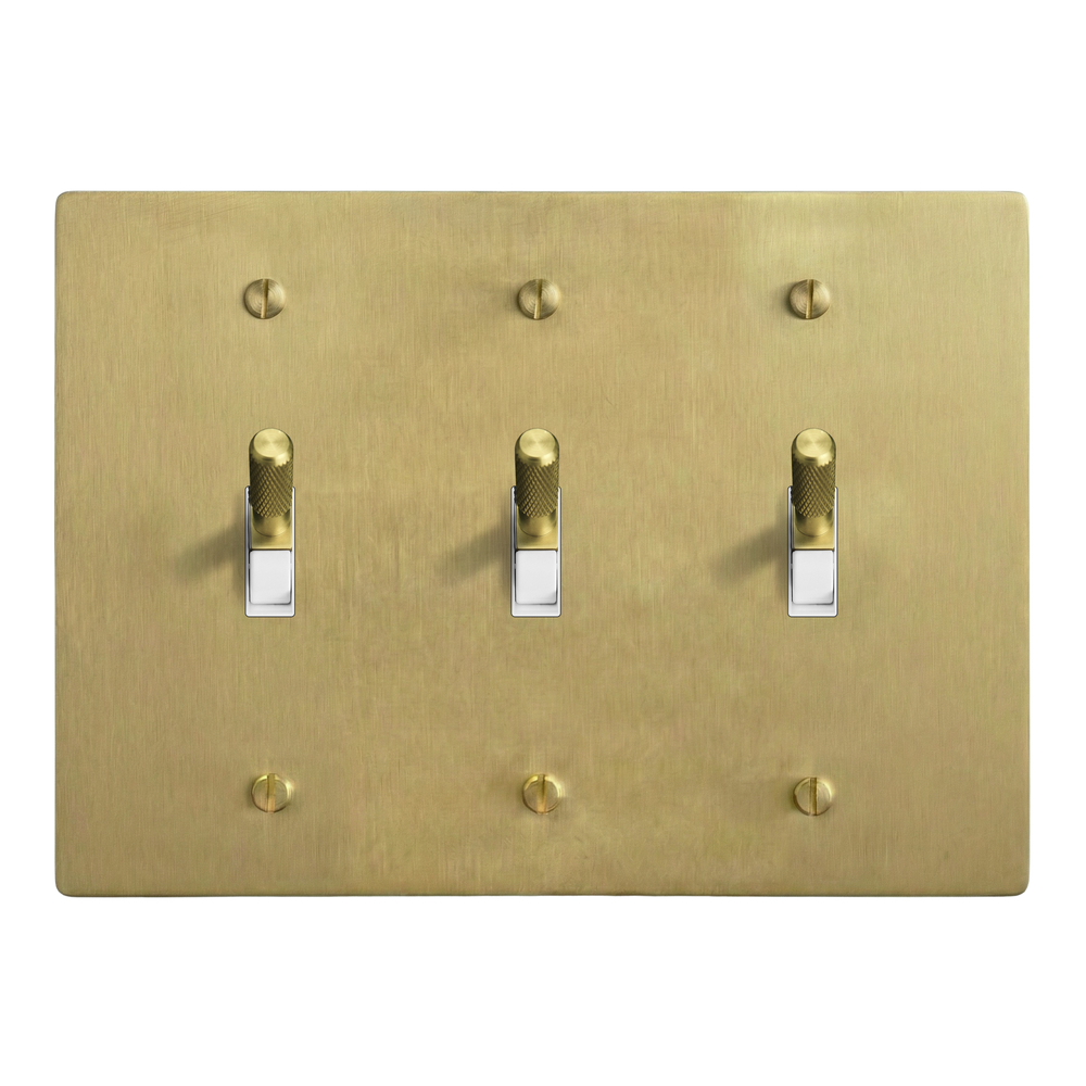 Satin Brass 3-Gang Toggle, Toggle & Toggle Switch Plate in White