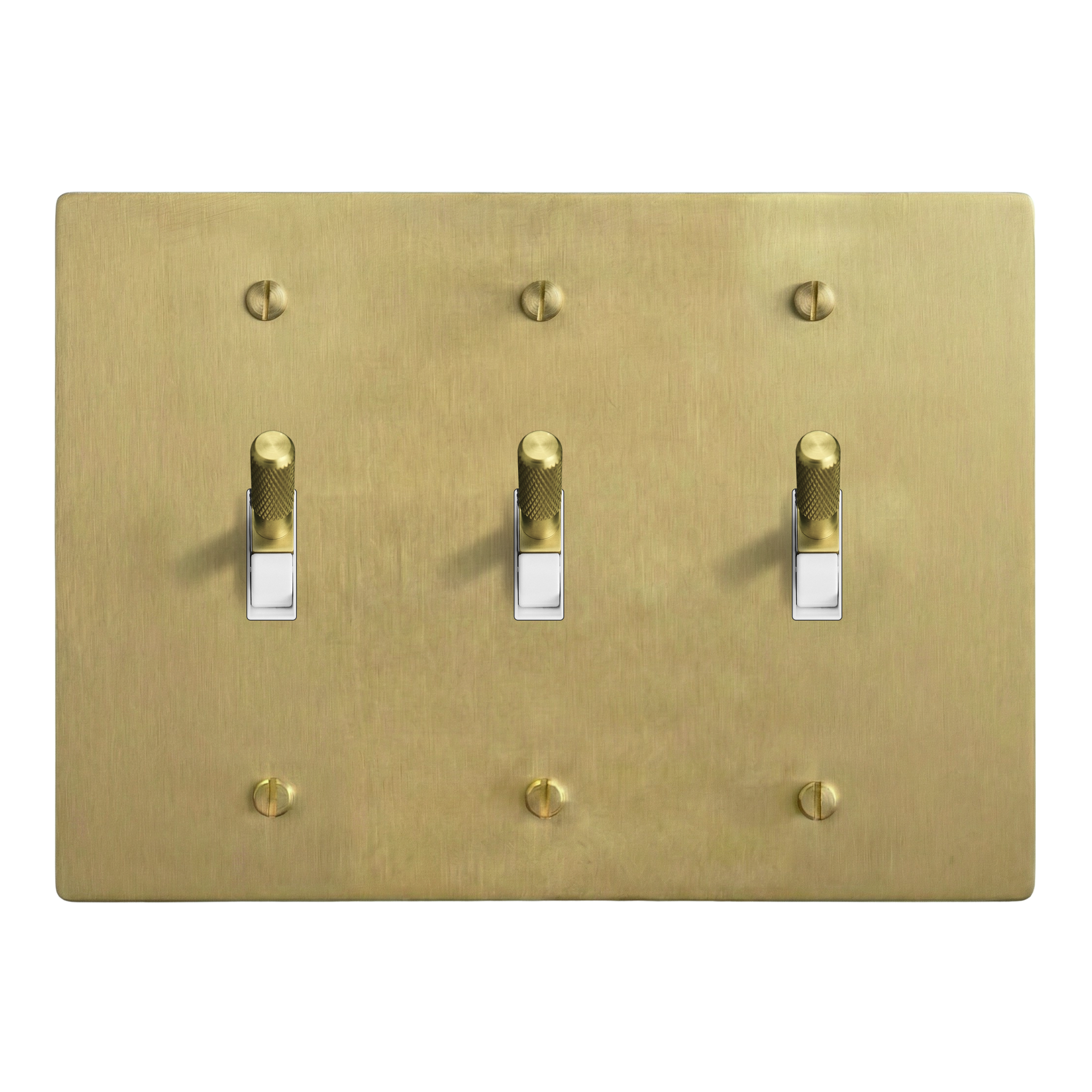 Satin Brass 3-Gang Toggle, Toggle & Toggle Switch Plate in White