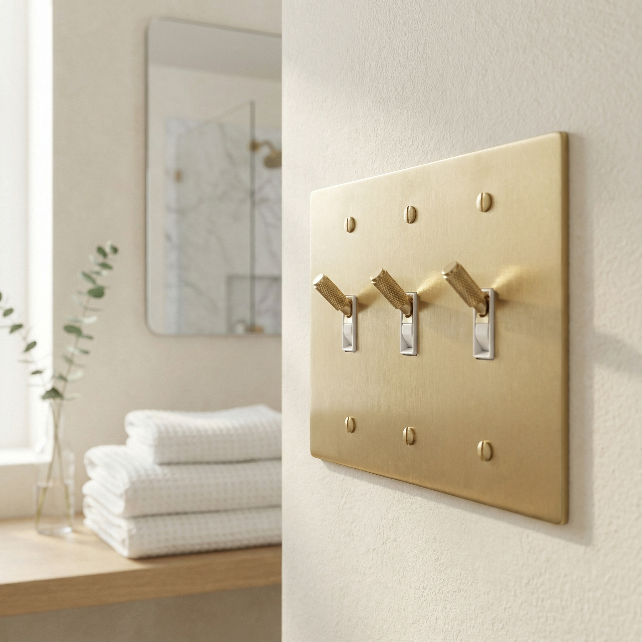Satin brass 3 gang toggle switch plate with knurled levers in a serene, timeless bathroom interior.