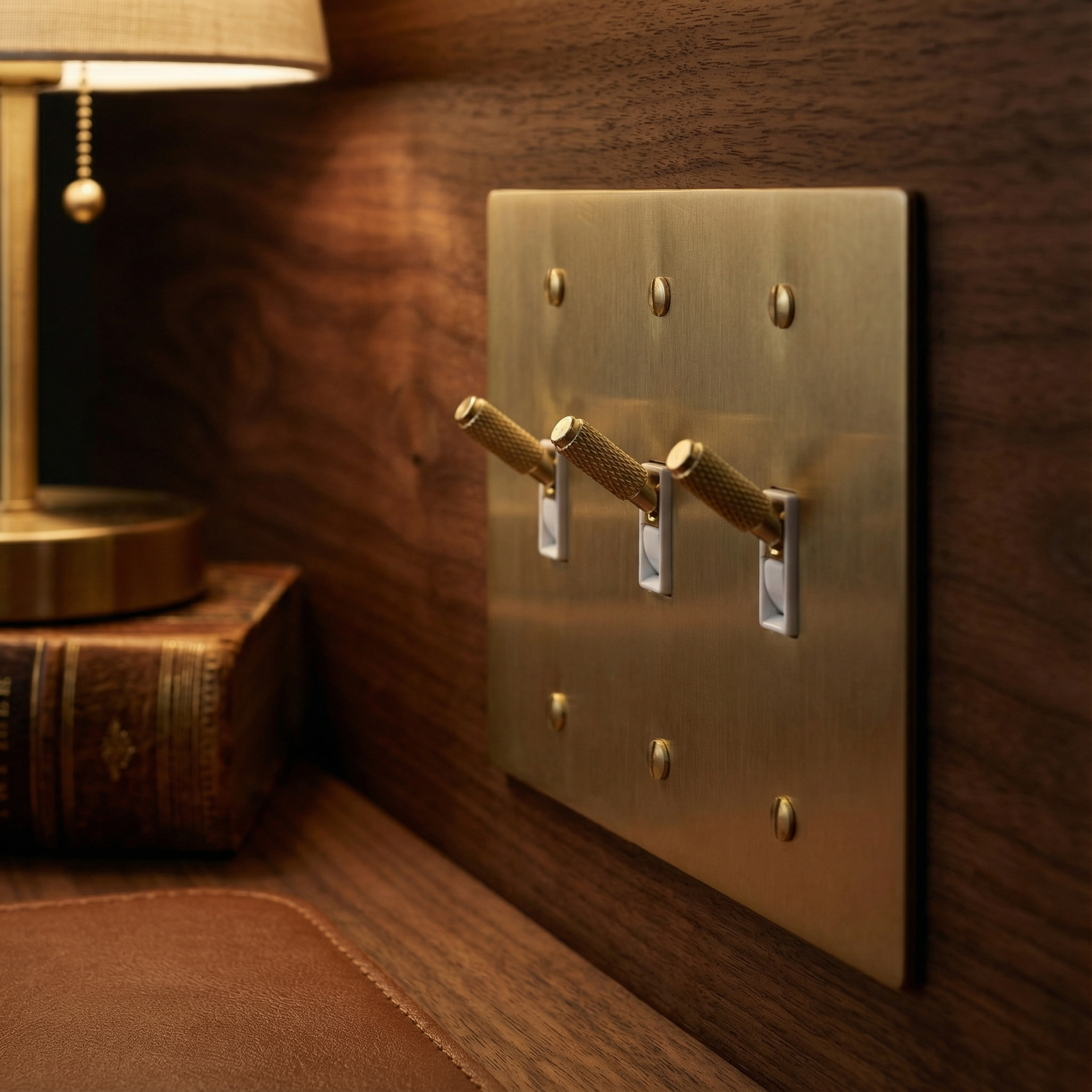 Satin brass 3 gang toggle switch plate with knurled toggles on dark wood, next to a lamp and book, evoking timeless luxury.