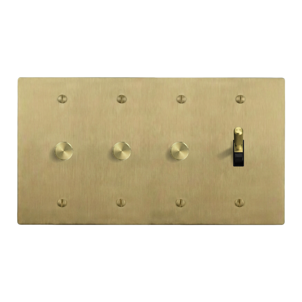 Satin Brass 4-Gang Dimmer, Dimmer, Dimmer & Toggle Switch Plate in Black