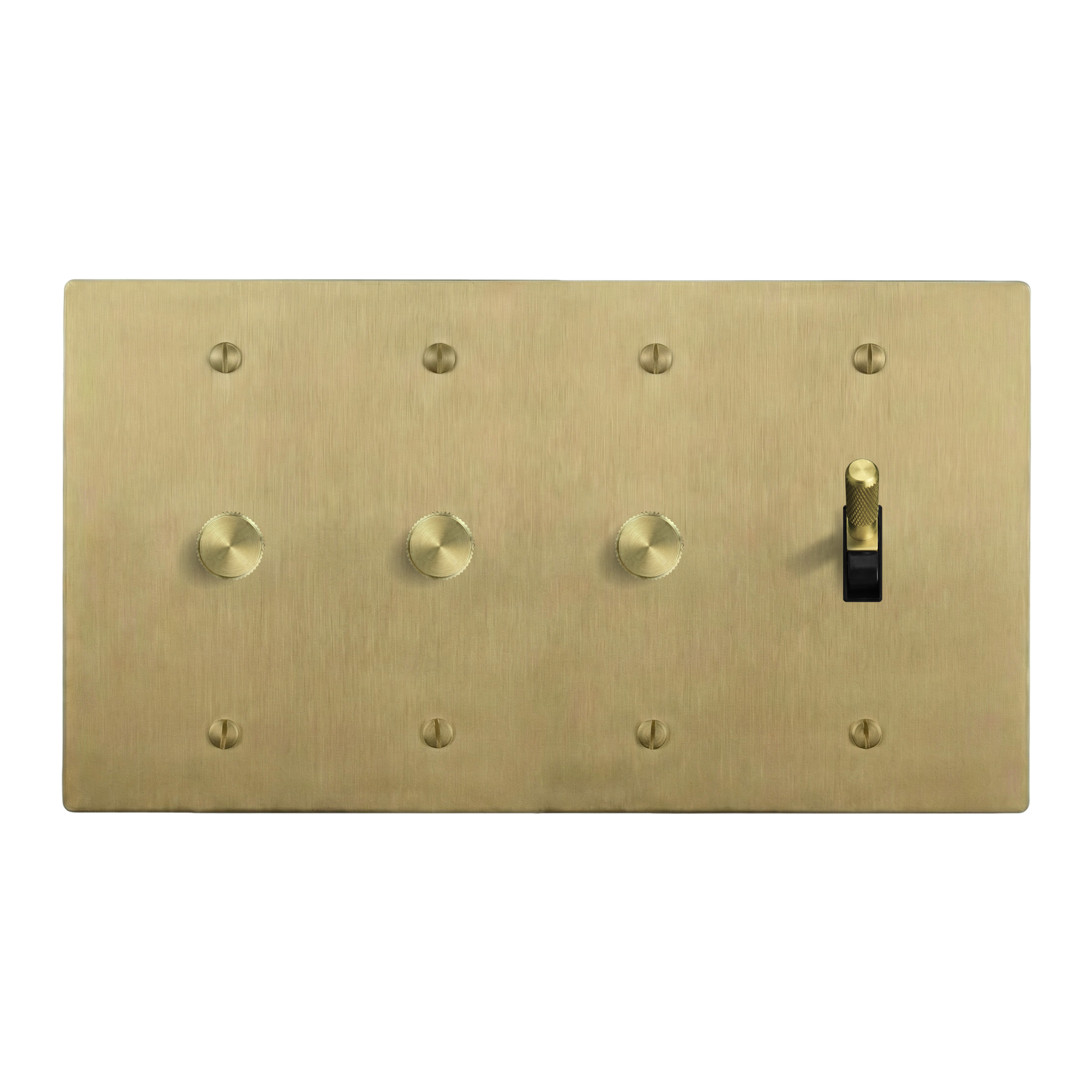Satin Brass 4-Gang Dimmer, Dimmer, Dimmer & Toggle Switch Plate in Black