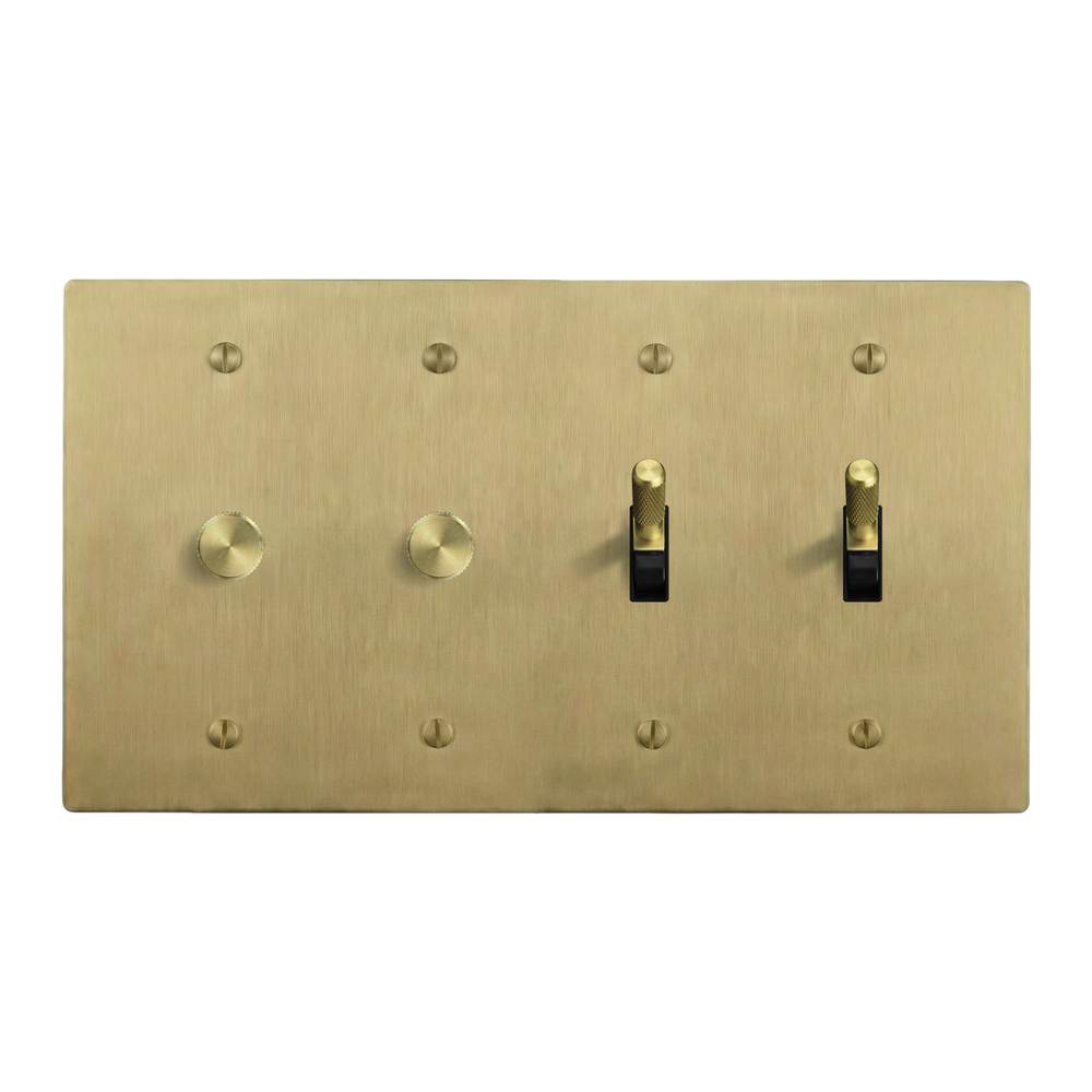 Satin Brass 4-Gang Dimmer, Dimmer, Toggle & Toggle Switch Plate in Black
