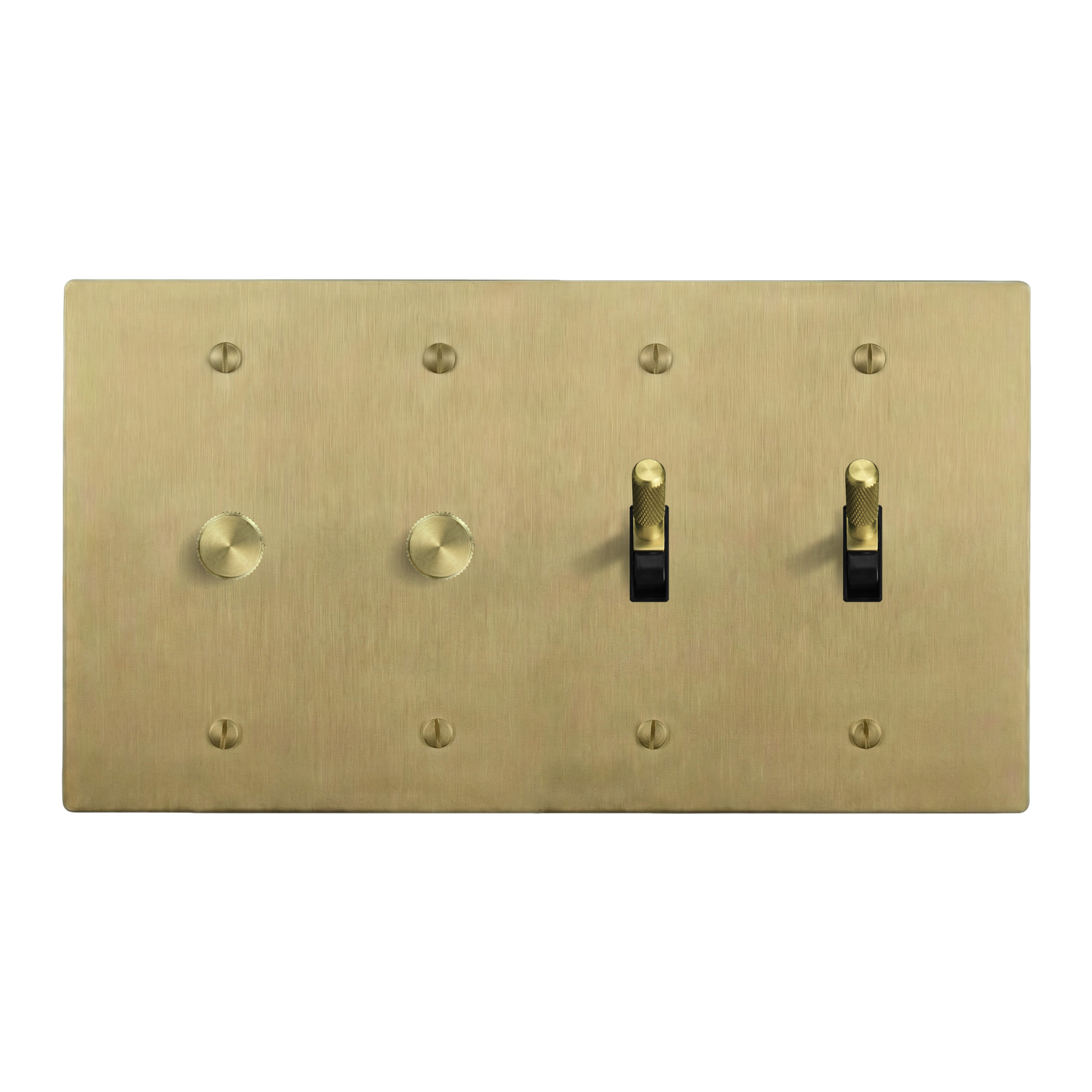 Satin Brass 4-Gang Dimmer, Dimmer, Toggle & Toggle Switch Plate in Black