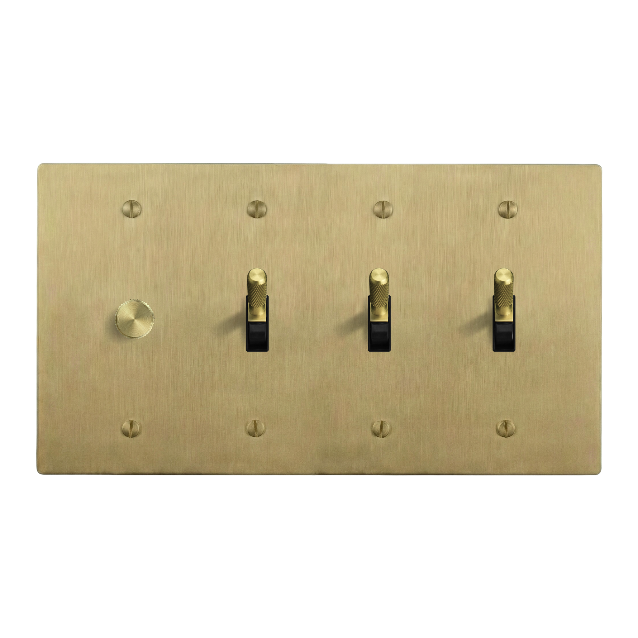 Satin Brass 4-Gang Dimmer, Toggle, Toggle & Toggle Switch Plate in Black