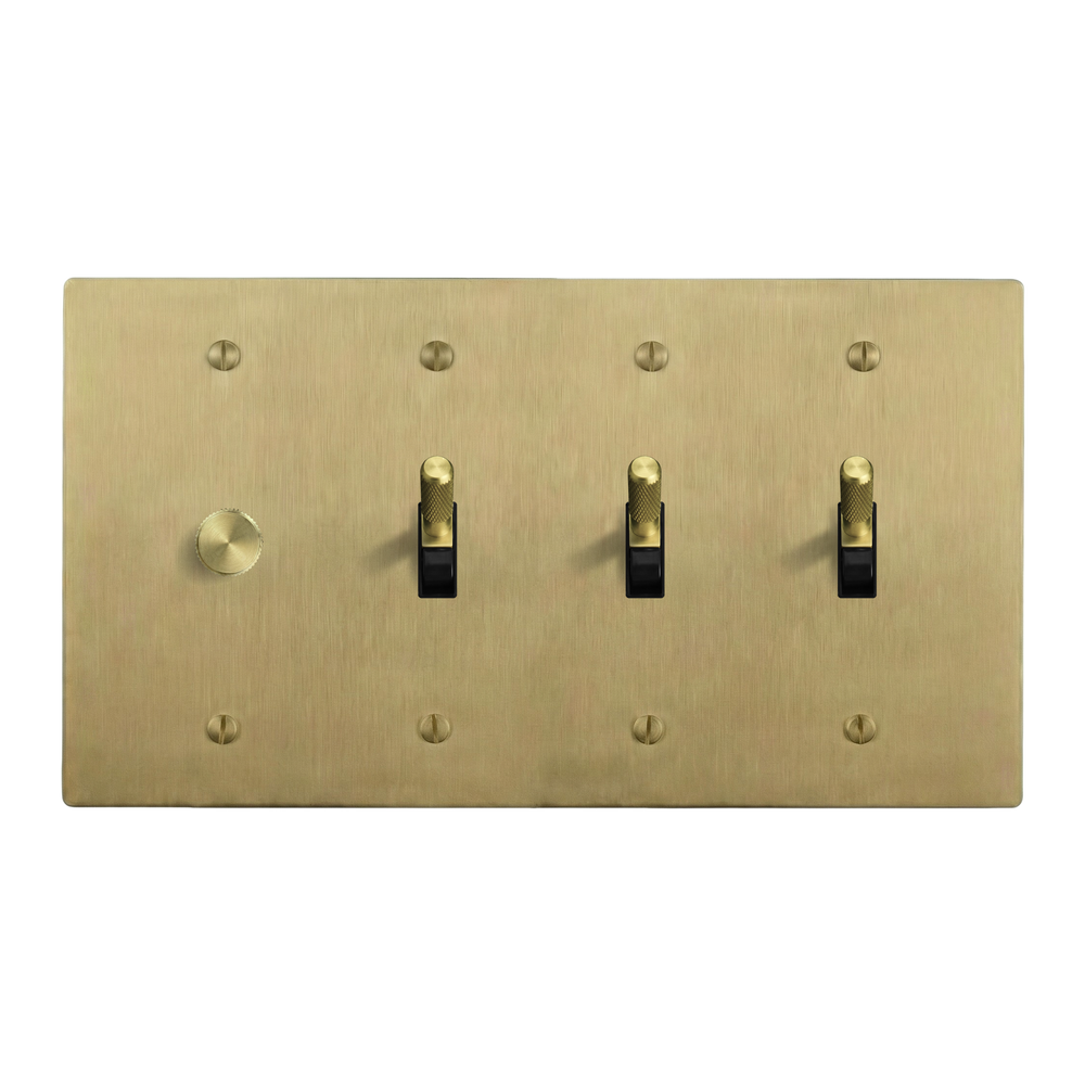 Satin Brass 4-Gang Dimmer, Toggle, Toggle & Toggle Switch Plate in Black