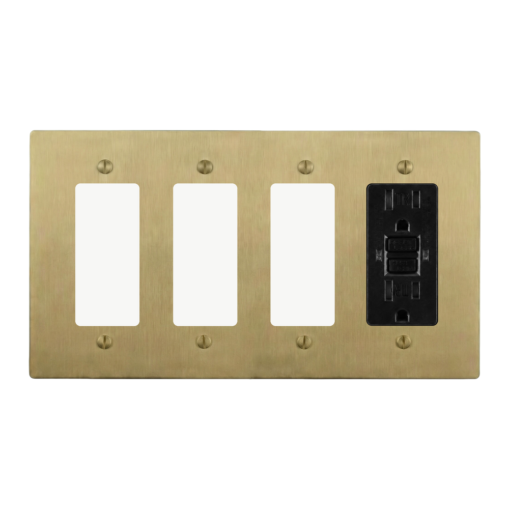 Satin Brass 4-Gang Decora, Decora, Decora & GFCI Outlet Switch Plate in Black