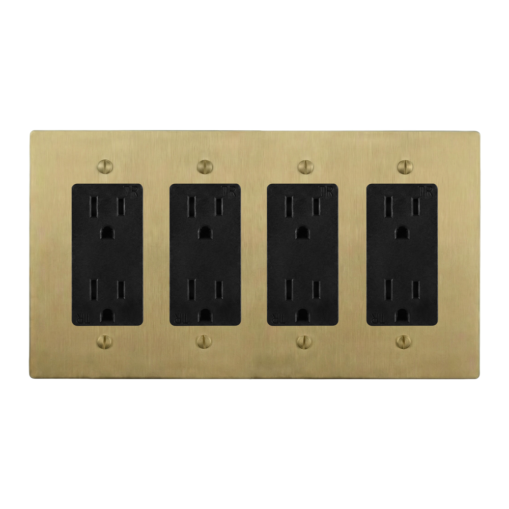 Satin Brass 4-Gang Duplex Outlet, Duplex Outlet, Duplex Outlet & Duplex Outlet Switch Plate in Black