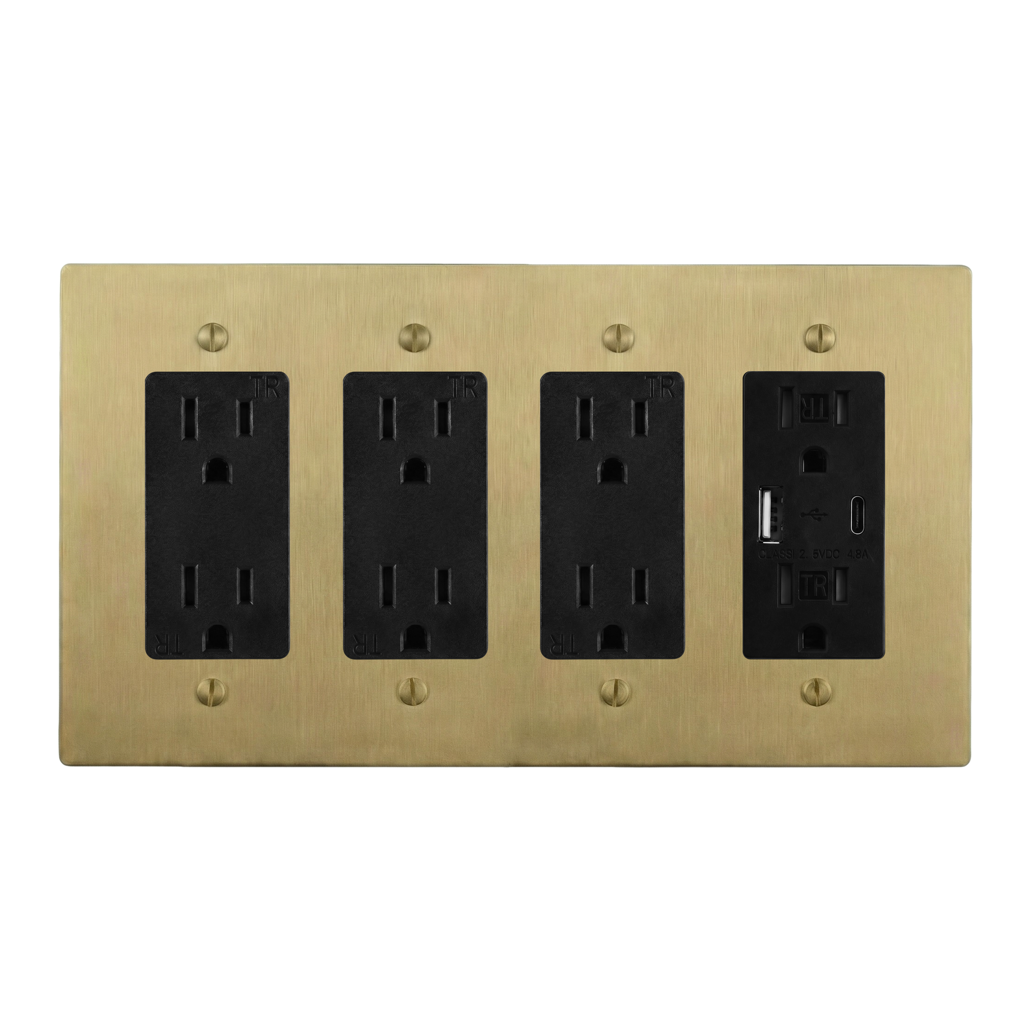 Satin Brass 4-Gang Duplex Outlet, Duplex Outlet, Duplex Outlet & USB Outlet Switch Plate in Black