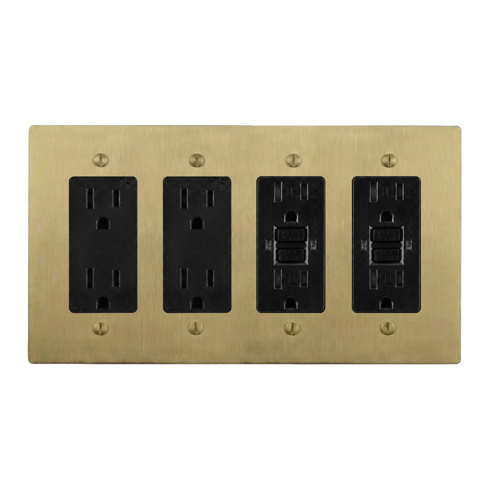 Satin Brass 4-Gang Duplex Outlet, Duplex Outlet, GFCI Outlet & GFCI Outlet Switch Plate in Black
