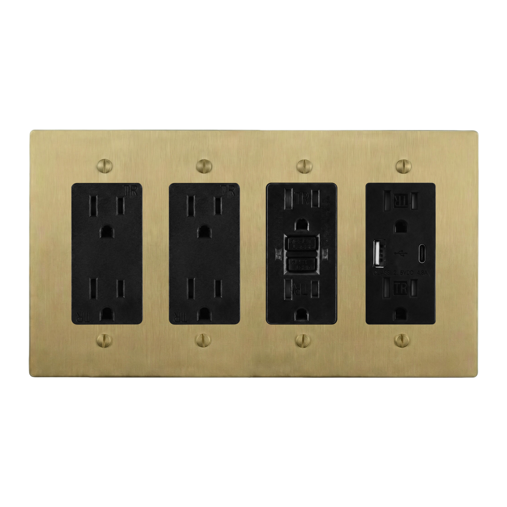 Satin Brass 4-Gang Duplex Outlet, Duplex Outlet, GFCI Outlet & USB Outlet Switch Plate in Black