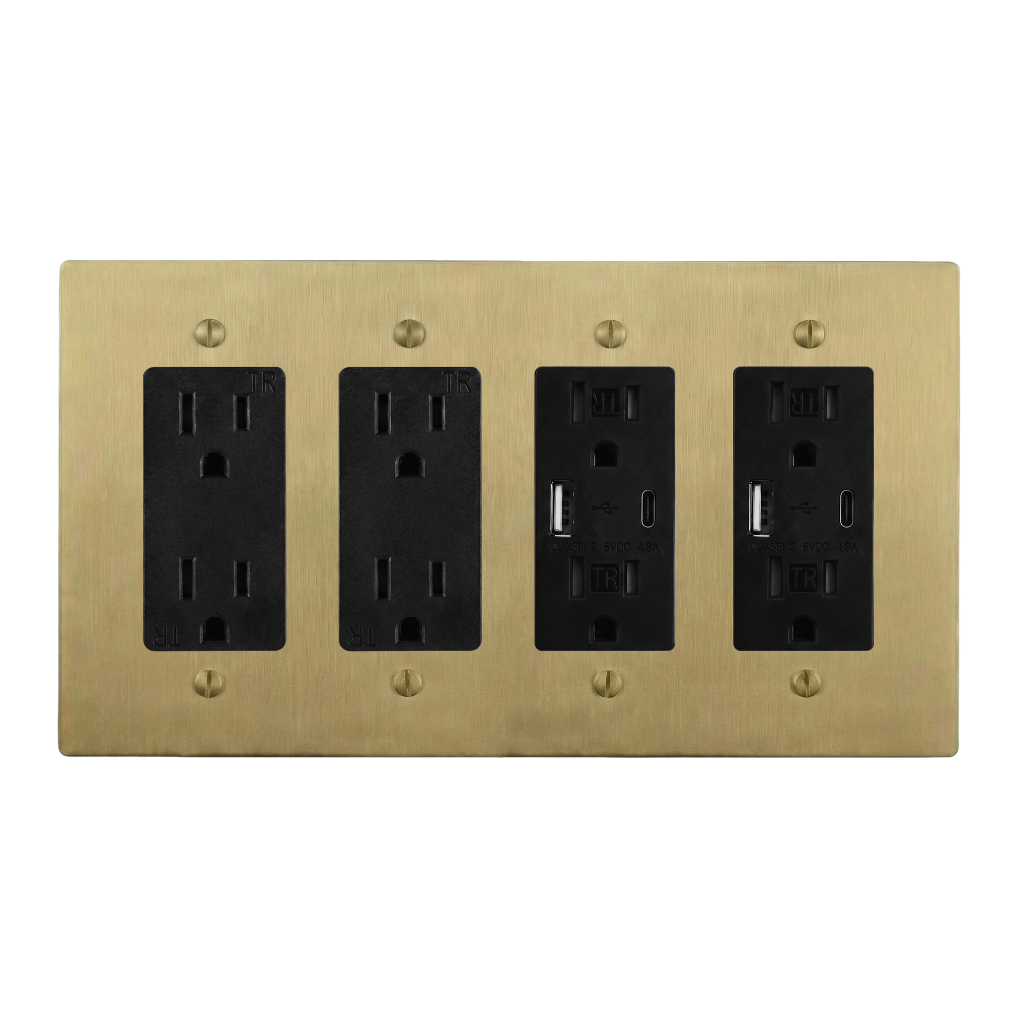 Satin Brass 4-Gang Duplex Outlet, Duplex Outlet, USB Outlet & USB Outlet Switch Plate in Black