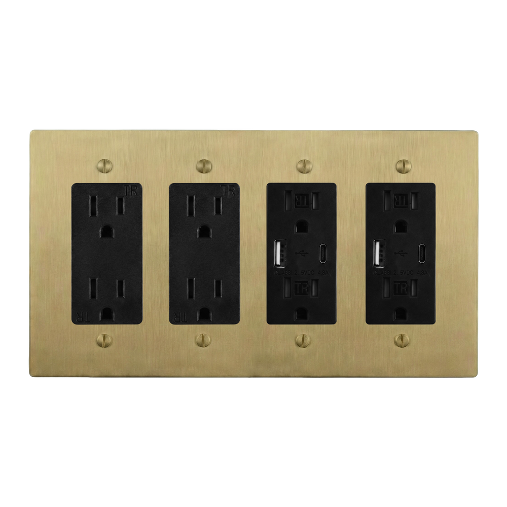 Satin Brass 4-Gang Duplex Outlet, Duplex Outlet, USB Outlet & USB Outlet Switch Plate in Black