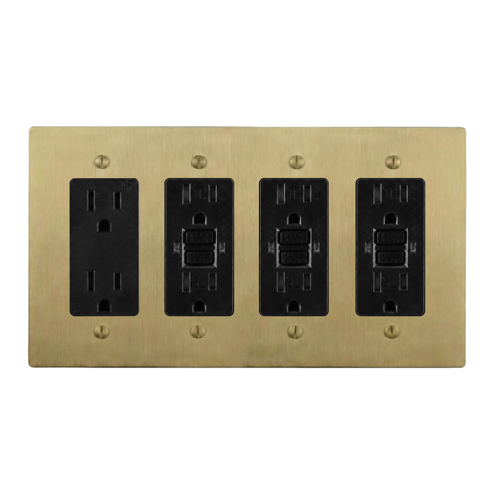 Satin Brass 4-Gang Duplex Outlet, GFCI Outlet, GFCI Outlet & GFCI Outlet Switch Plate in Black