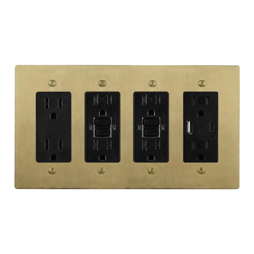 Satin Brass 4-Gang Duplex Outlet, GFCI Outlet, GFCI Outlet & USB Outlet Switch Plate in Black