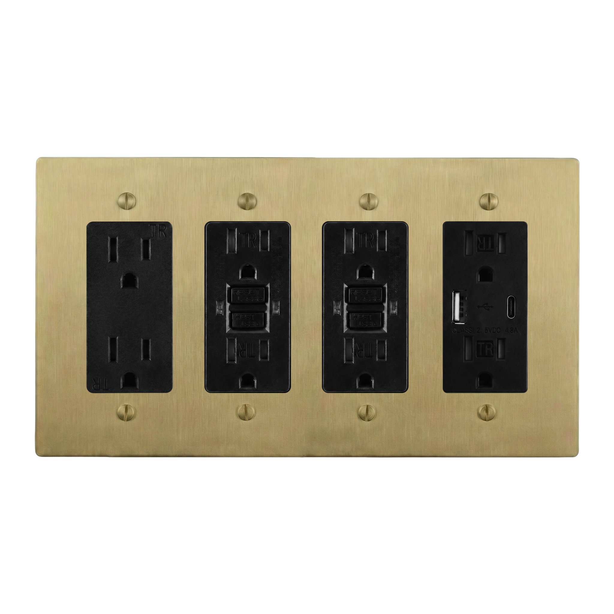 Satin Brass 4-Gang Duplex Outlet, GFCI Outlet, GFCI Outlet & USB Outlet Switch Plate in Black