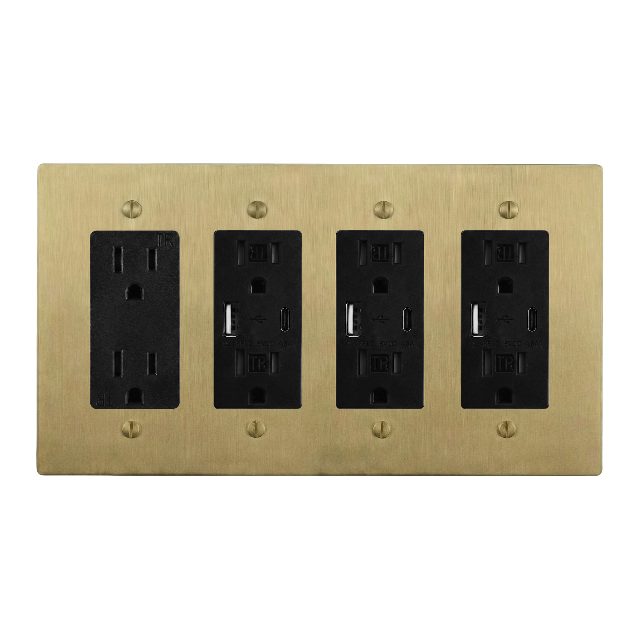 Satin Brass 4-Gang Duplex Outlet, USB Outlet, USB Outlet & USB Outlet Switch Plate in Black