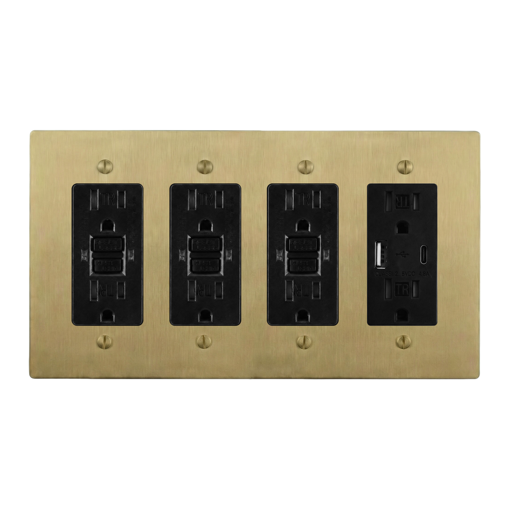 Satin Brass 4-Gang GFCI Outlet, GFCI Outlet, GFCI Outlet & USB Outlet Switch Plate in Black